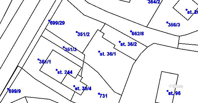 Parcela st. 36/1 v KÚ Bynina, Katastrální mapa