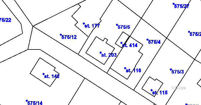 Parcela st. 203 v KÚ Bynina, Katastrální mapa