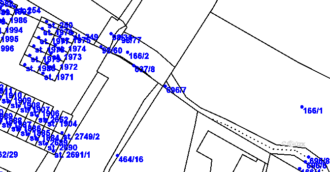 Parcela st. 696/7 v KÚ Bynina, Katastrální mapa