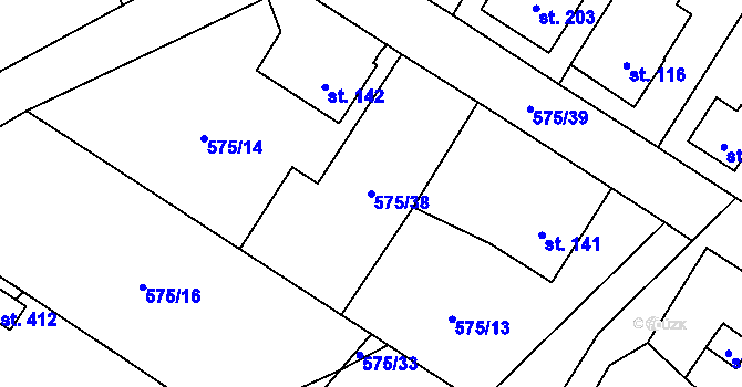 Parcela st. 575/38 v KÚ Bynina, Katastrální mapa