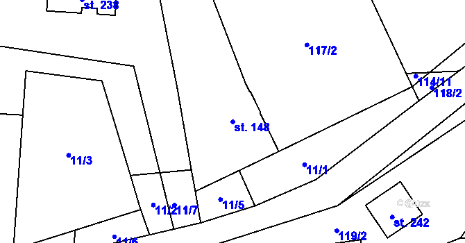 Parcela st. 148 v KÚ Byseň, Katastrální mapa