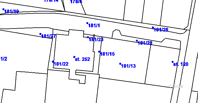 Parcela st. 181/15 v KÚ Byseň, Katastrální mapa
