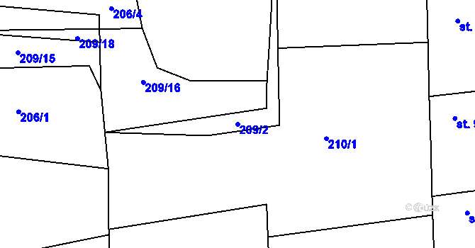 Parcela st. 209/2 v KÚ Byseň, Katastrální mapa