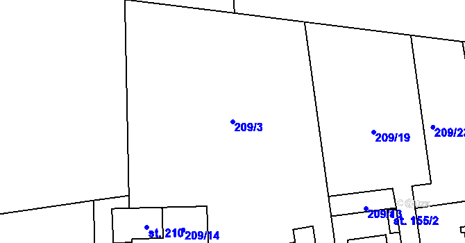 Parcela st. 209/3 v KÚ Byseň, Katastrální mapa