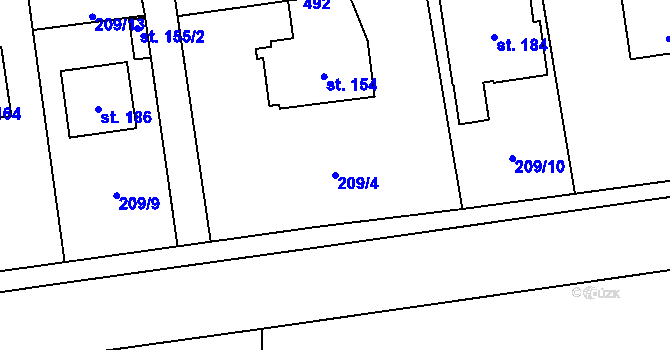 Parcela st. 209/4 v KÚ Byseň, Katastrální mapa