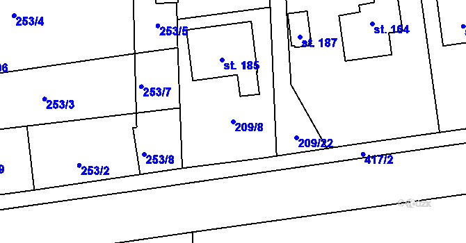 Parcela st. 209/8 v KÚ Byseň, Katastrální mapa