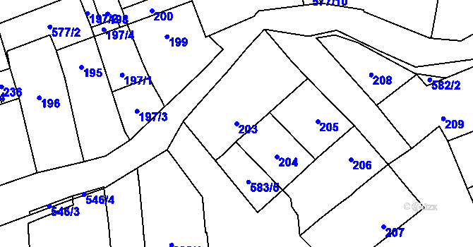 Parcela st. 203 v KÚ Bystrovany, Katastrální mapa