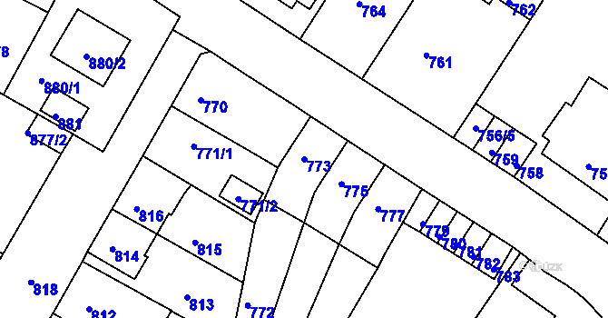 Parcela st. 773 v KÚ Bystřany, Katastrální mapa