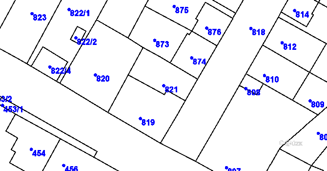 Parcela st. 821 v KÚ Bystřany, Katastrální mapa