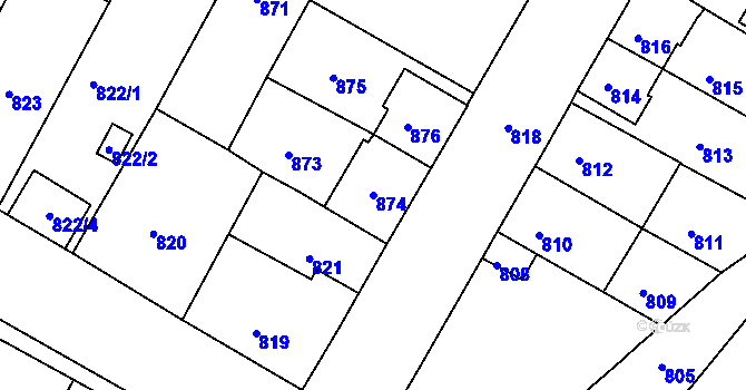Parcela st. 874 v KÚ Bystřany, Katastrální mapa