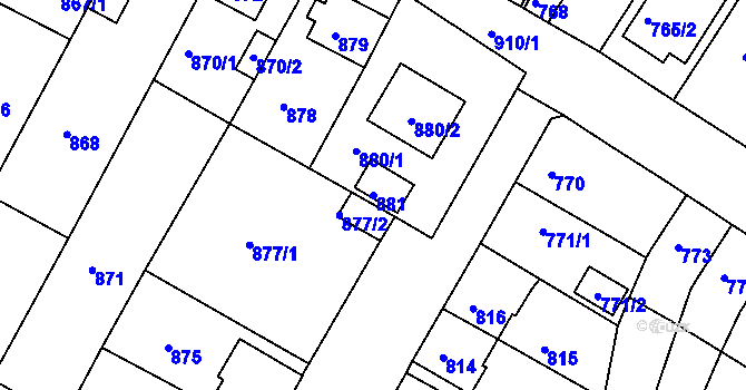 Parcela st. 881 v KÚ Bystřany, Katastrální mapa
