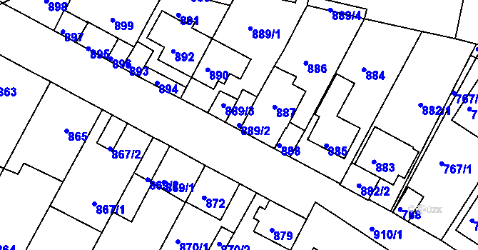 Parcela st. 889/2 v KÚ Bystřany, Katastrální mapa