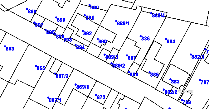 Parcela st. 889/3 v KÚ Bystřany, Katastrální mapa