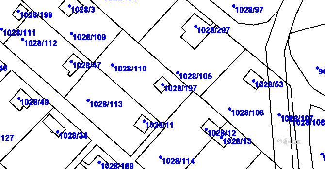 Parcela st. 1028/197 v KÚ Bystřany, Katastrální mapa