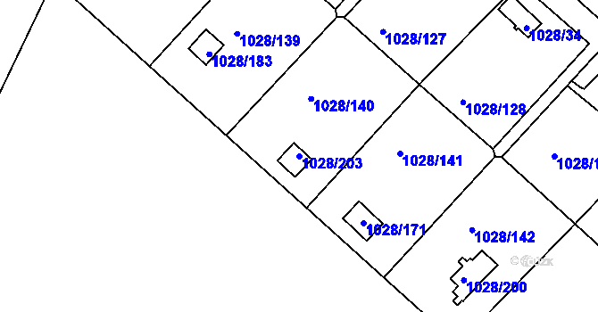 Parcela st. 1028/203 v KÚ Bystřany, Katastrální mapa