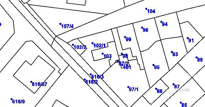 Parcela st. 103 v KÚ Bystřany-Světice, Katastrální mapa