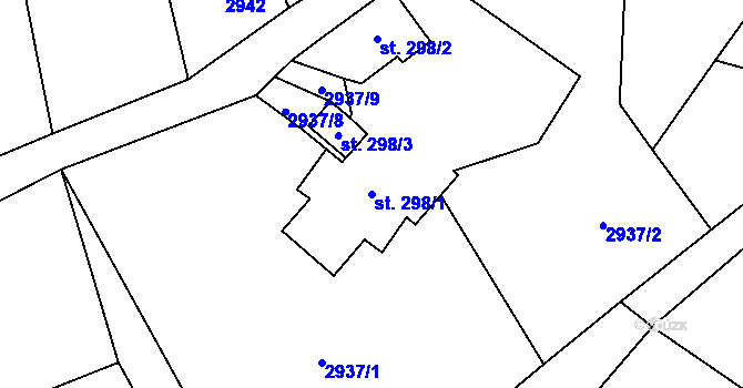 Parcela st. 298/1 v KÚ Bystřec, Katastrální mapa