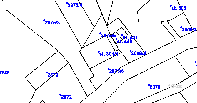 Parcela st. 301/1 v KÚ Bystřec, Katastrální mapa
