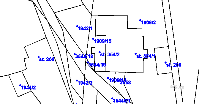 Parcela st. 354/2 v KÚ Bystřec, Katastrální mapa