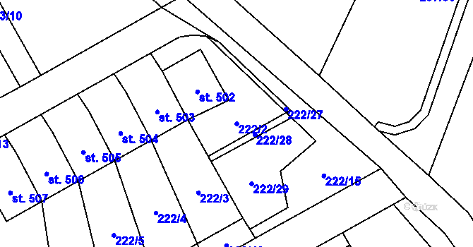Parcela st. 222/2 v KÚ Bystřec, Katastrální mapa