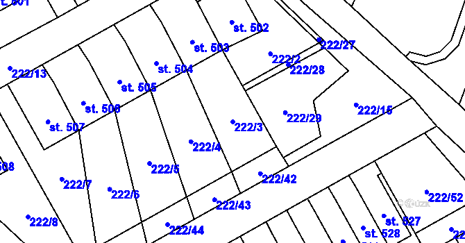 Parcela st. 222/3 v KÚ Bystřec, Katastrální mapa