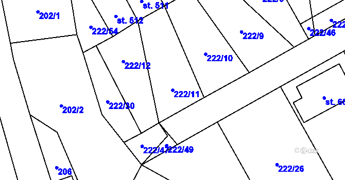 Parcela st. 222/11 v KÚ Bystřec, Katastrální mapa
