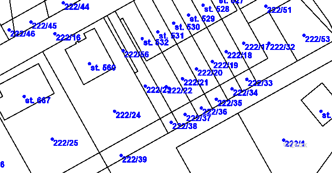 Parcela st. 222/22 v KÚ Bystřec, Katastrální mapa