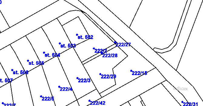 Parcela st. 222/28 v KÚ Bystřec, Katastrální mapa