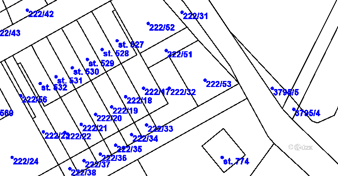 Parcela st. 222/32 v KÚ Bystřec, Katastrální mapa