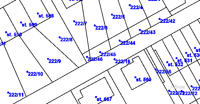 Parcela st. 222/45 v KÚ Bystřec, Katastrální mapa