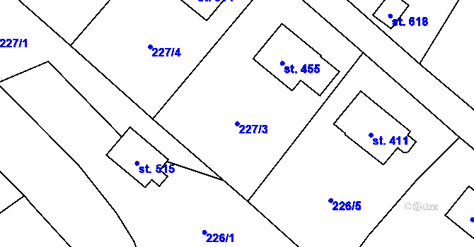 Parcela st. 227/3 v KÚ Bystřec, Katastrální mapa