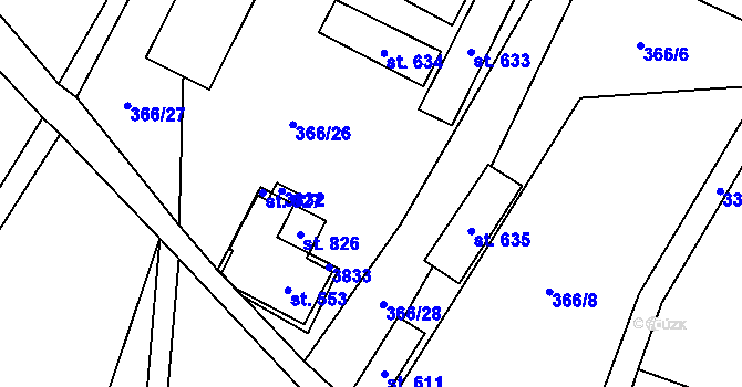 Parcela st. 366/2 v KÚ Bystřec, Katastrální mapa
