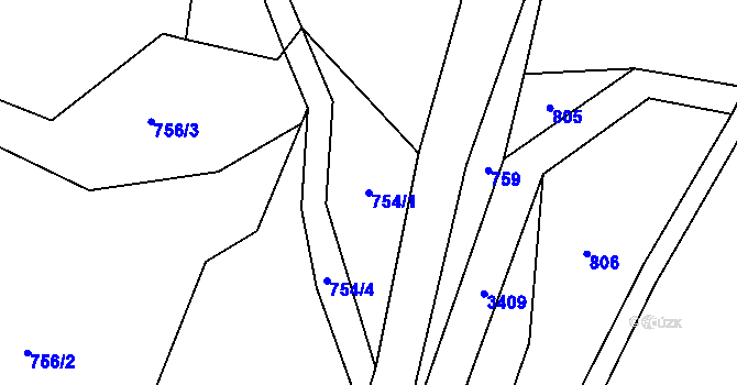 Parcela st. 754/1 v KÚ Bystřec, Katastrální mapa