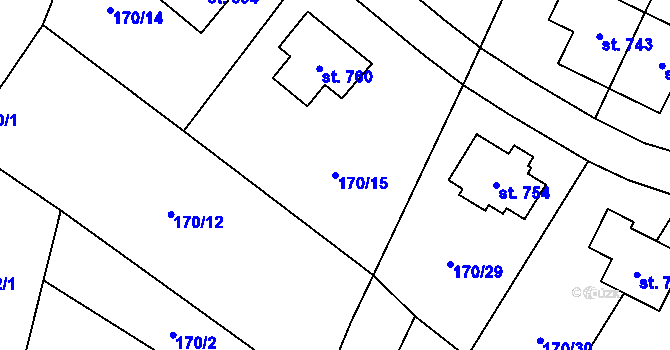 Parcela st. 170/15 v KÚ Bystřec, Katastrální mapa