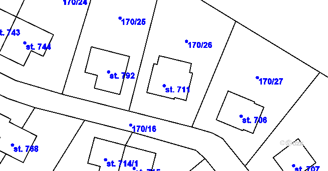 Parcela st. 711 v KÚ Bystřec, Katastrální mapa