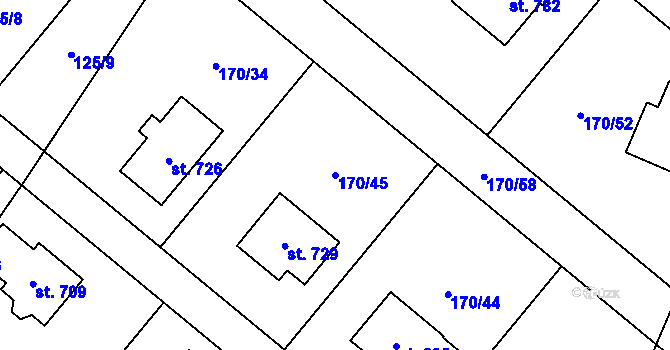 Parcela st. 170/45 v KÚ Bystřec, Katastrální mapa