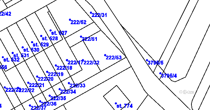 Parcela st. 222/53 v KÚ Bystřec, Katastrální mapa