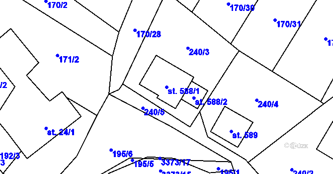 Parcela st. 588/1 v KÚ Bystřec, Katastrální mapa