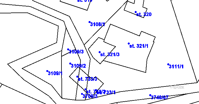 Parcela st. 321/3 v KÚ Bystřec, Katastrální mapa