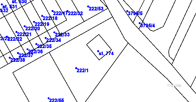 Parcela st. 774 v KÚ Bystřec, Katastrální mapa