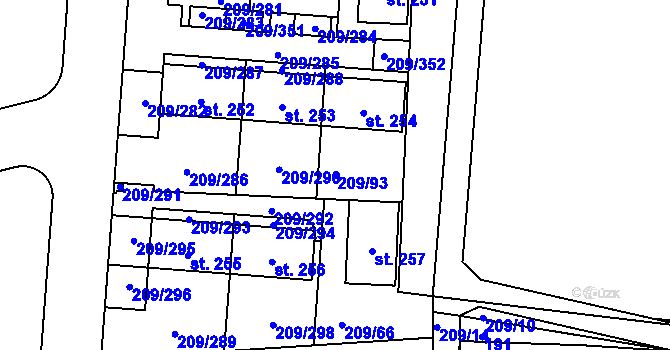 Parcela st. 209/93 v KÚ Tvoršovice, Katastrální mapa