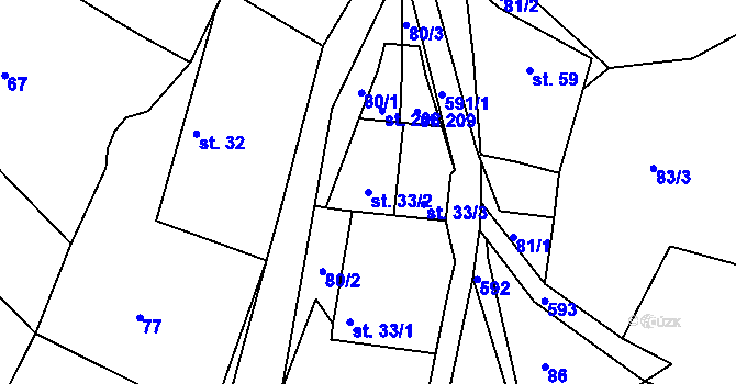 Parcela st. 33/2 v KÚ Tvoršovice, Katastrální mapa