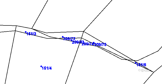 Parcela st. 209/74 v KÚ Tvoršovice, Katastrální mapa