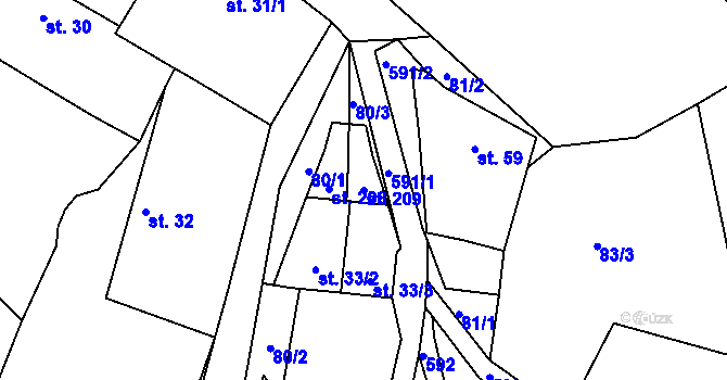 Parcela st. 209 v KÚ Tvoršovice, Katastrální mapa