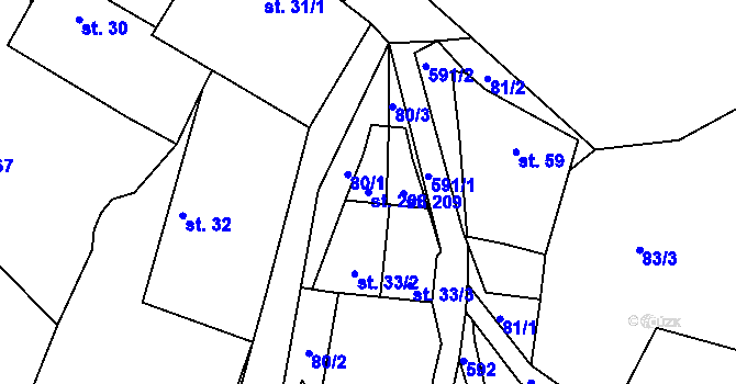 Parcela st. 208 v KÚ Tvoršovice, Katastrální mapa
