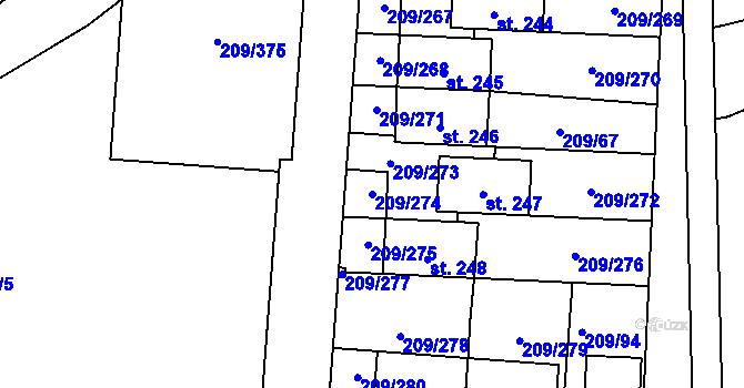 Parcela st. 209/274 v KÚ Tvoršovice, Katastrální mapa