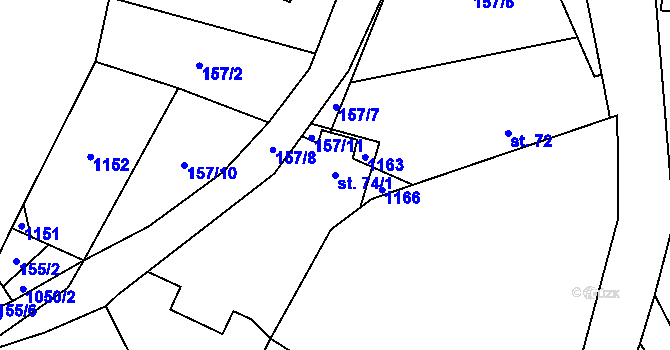 Parcela st. 74/1 v KÚ Bystřice, Katastrální mapa