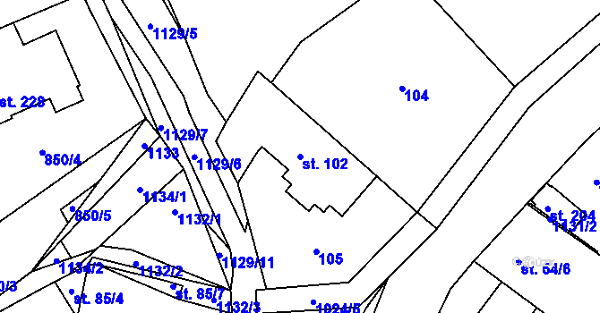 Parcela st. 102 v KÚ Bystřice, Katastrální mapa