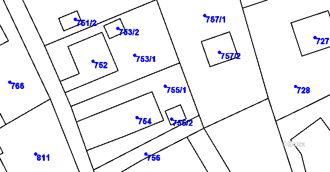 Parcela st. 755/1 v KÚ Bystřice nad Olší, Katastrální mapa