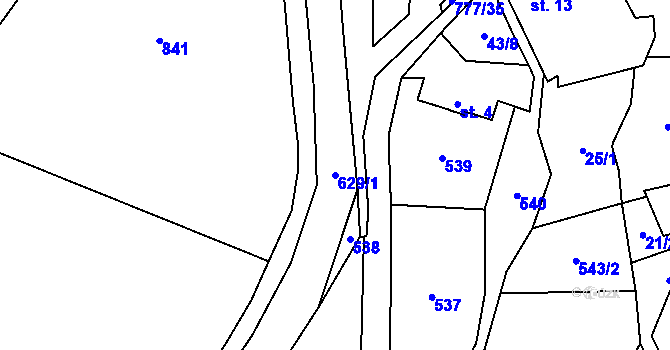 Parcela st. 629/1 v KÚ Bystřice nad Úhlavou, Katastrální mapa